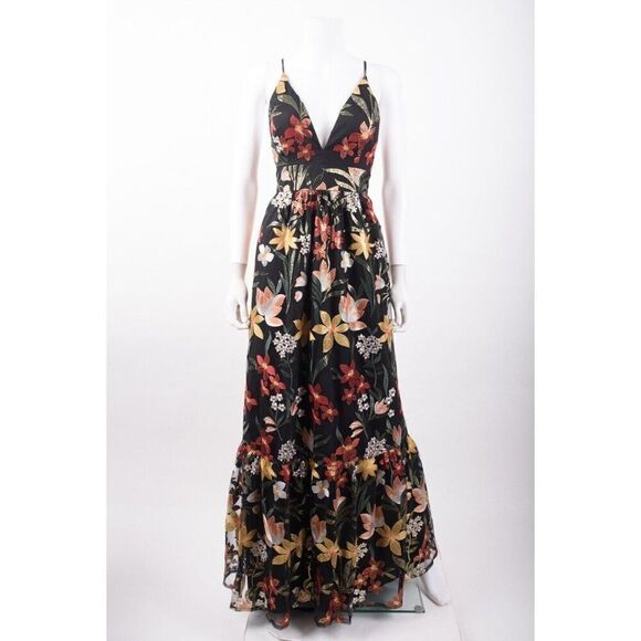 Aidan Mattox Womens Embroidered Gown Maxi Dress Sz 8 Multi-Color Floral Plunging - Picture 1 of 7